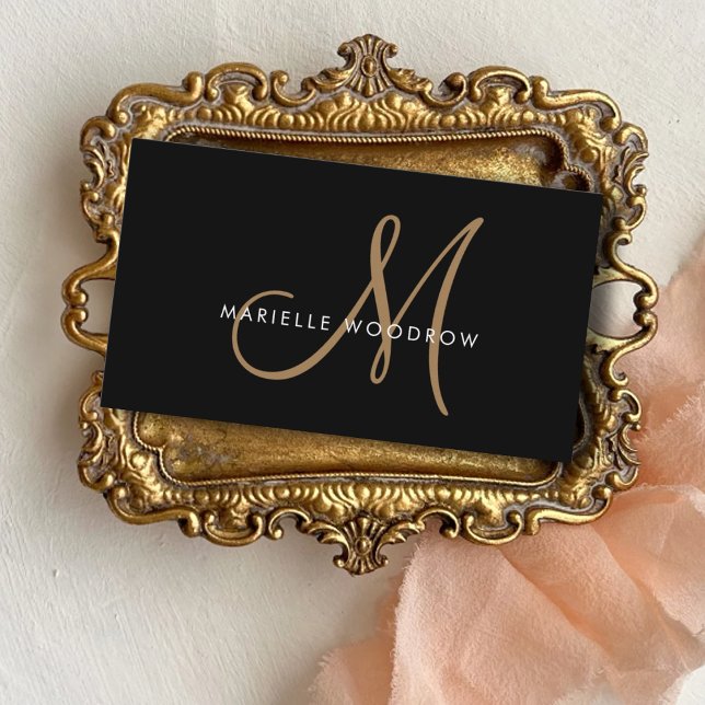 Elegant Monogram Black Gold Script Name Business Card (Creator Uploaded)