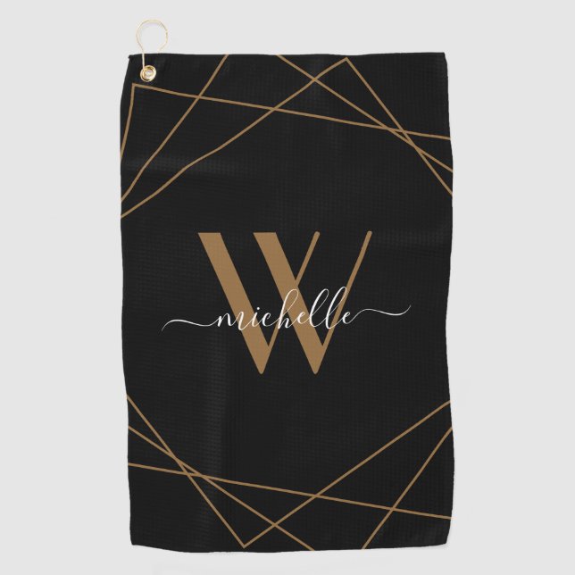 Elegant Monogram Black Gold Script Name Golf Towel (Front)