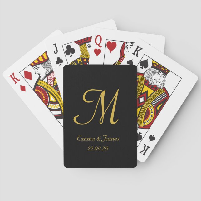 Elegant Monogram Black & Gold Script Name  Playing Cards (Back)