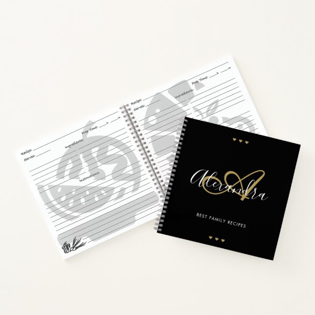 Elegant Monogram Black Gold Script Name Recipe  Notebook (Inside)