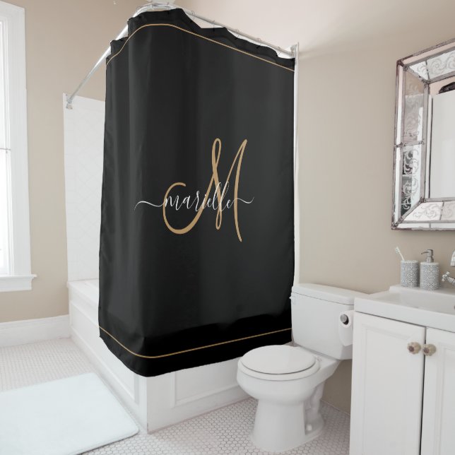 Elegant Monogram Black Gold Script Name  Shower Curtain (In Situ)