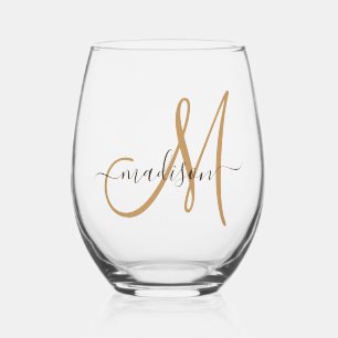Elegant Monogram Black Gold Script Name  Stemless Wine Glass