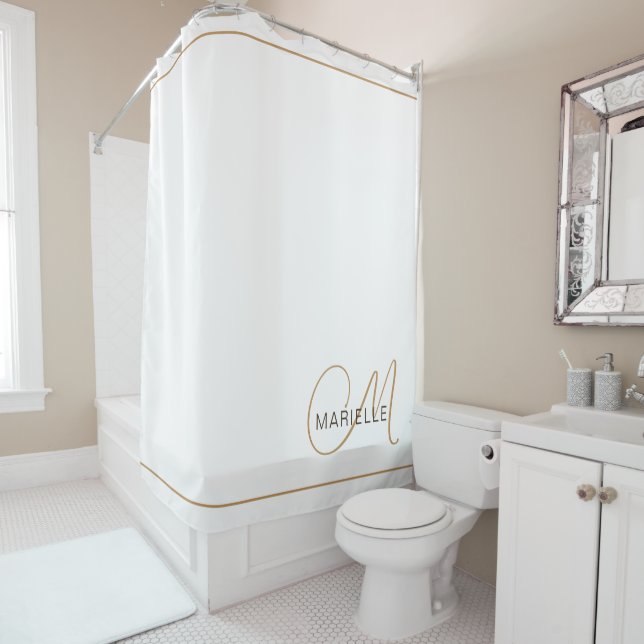 Elegant Monogram Black Gold Script Name White Shower Curtain (In Situ)