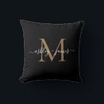 Elegant Monogram Black Gold Script Names Wedding<br><div class="desc">Chic monogrammed keepsake pillow with your names and monogram in white elegant handwritten script calligraphy and gold modern typography on a black background. Simply add your names and monogram. Exclusively designed for you by Happy Dolphin Studio. If you need any help or matching products, please contact us at happydolphinstudio@outlook.com. We're...</div>