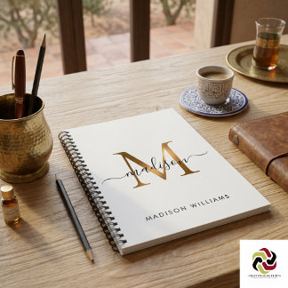 Elegant Monogram Black Gold Script Office School Notebook
