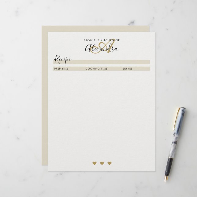Elegant Monogram Black Gold Simple Recipe Sheet (Front/Back In Situ)