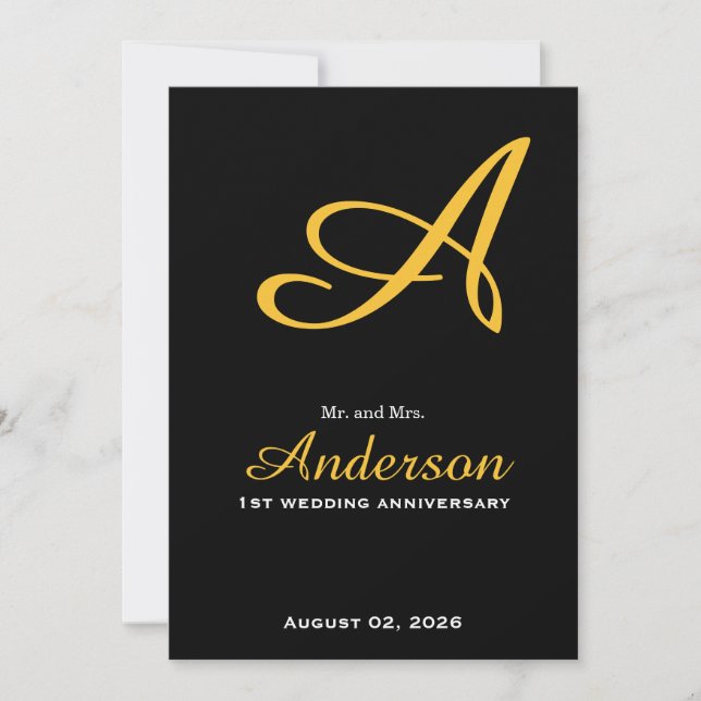 Elegant Monogram Black Gold Wedding Anniversary Invitation (Front)