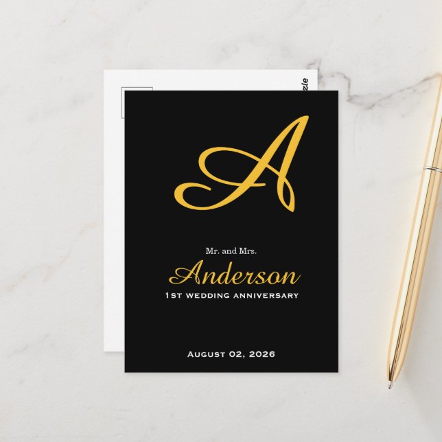 Elegant Monogram Black Gold Wedding Anniversary Postcard (Front/Back In Situ)