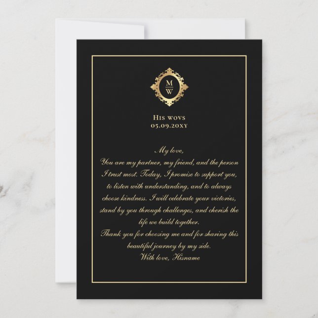 Elegant Monogram Black Gold Wedding Vow Card (Front)