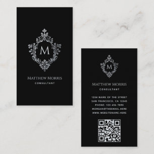 Elegant Monogram Black Gray Vintage Crest QR Code Business Card