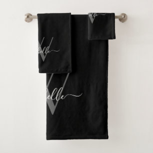 Elegant Monogram Black Grey Name Script Bath Towel Set