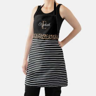 Elegant Monogram black Leopard Animal Print Apron