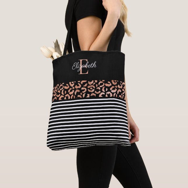 Elegant Monogram black Leopard Animal Print Tote B (Close Up)