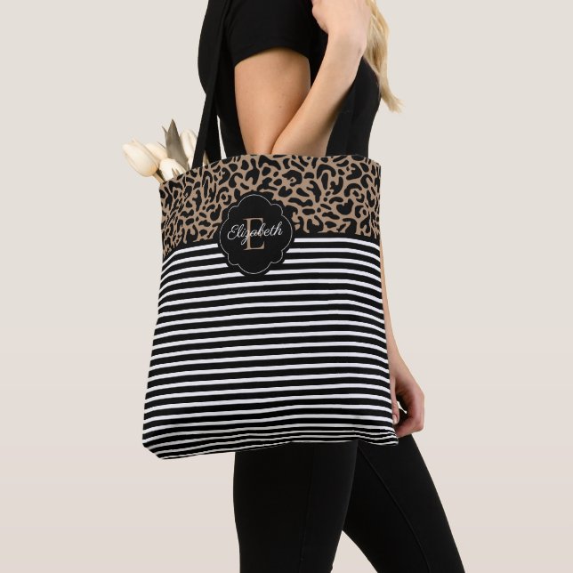 Elegant Monogram black Leopard Animal Print Tote B Bag (Close Up)