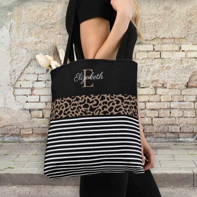 Elegant Monogram black Leopard Animal Print Tote Bag (Creator Uploaded)