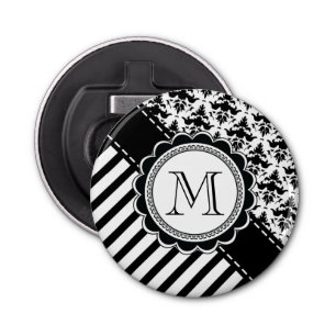 Elegant Monogram Black n White Stripes and Damask Bottle Opener