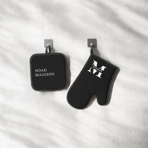 Elegant Monogram Black  Oven Mitt & Pot Holder Set