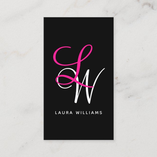 Elegant Monogram Black Pink Script Business Card (Front)