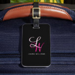 Elegant Monogram Black Pink Script Luggage Tag<br><div class="desc">Rose gold and blush pink monogram luggage tag featuring trendy monogram with initials and a name in pink and blush pink colour on a black background.</div>
