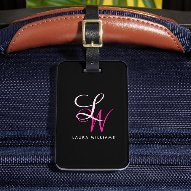 Elegant Monogram Black Pink Script Luggage Tag (Front Insitu 2)