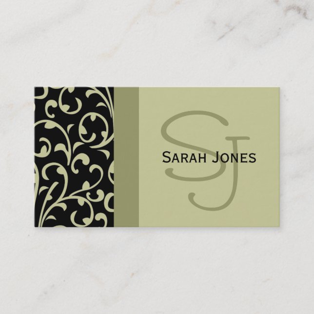 Elegant Monogram Black Sage Damask Business Card (Front)