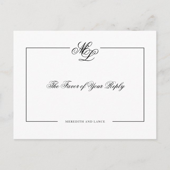 Elegant Monogram Black Script Wedding Reply Invitation Postcard (Front)