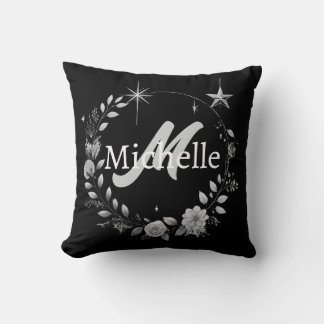 Elegant Monogram Black Silver Script Throw Pillow