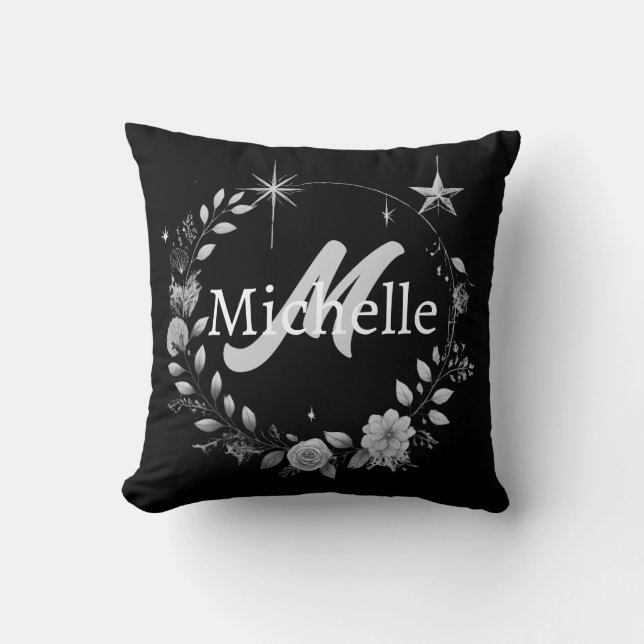 Elegant Monogram Black Silver Script Throw Pillow (Front)