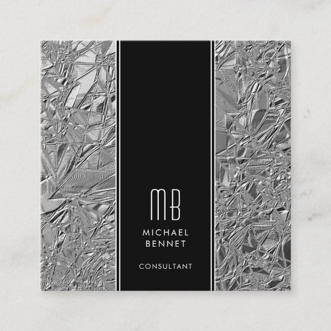Elegant Monogram Black Silver Square Business Card (Front)