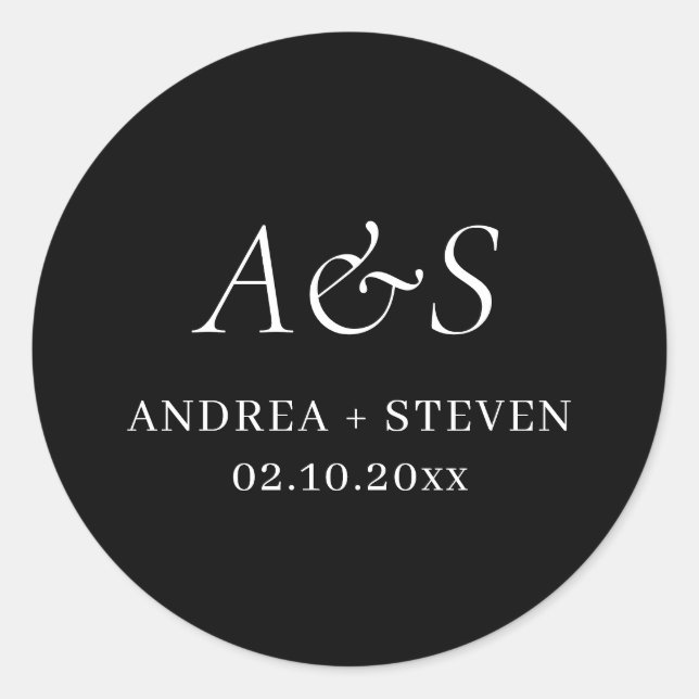 Elegant Monogram Black Wedding  Classic Round Sticker (Front)