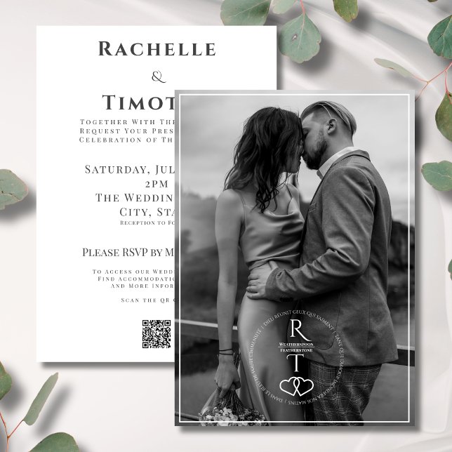 Elegant Monogram Black White 1 Photo Wedding Invitation (Creator Uploaded)