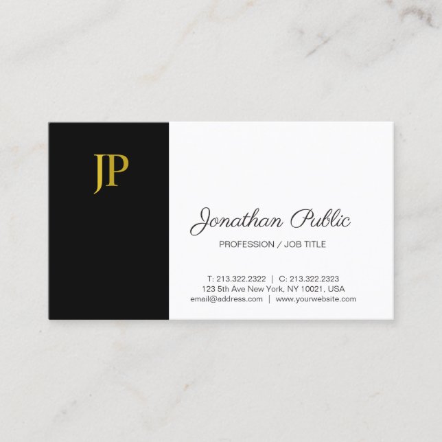 Elegant Monogram Black White Gold Modern Plain Business Card (Front)