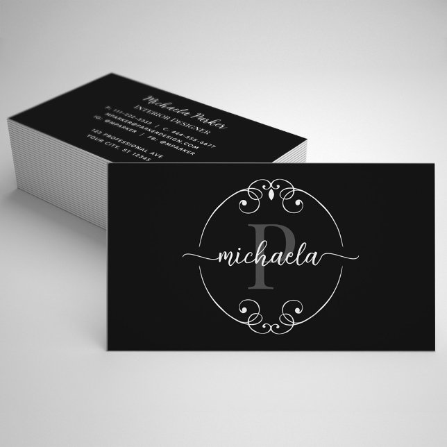Elegant Monogram Black White Interior Designer Business Card (Creator Uploaded)