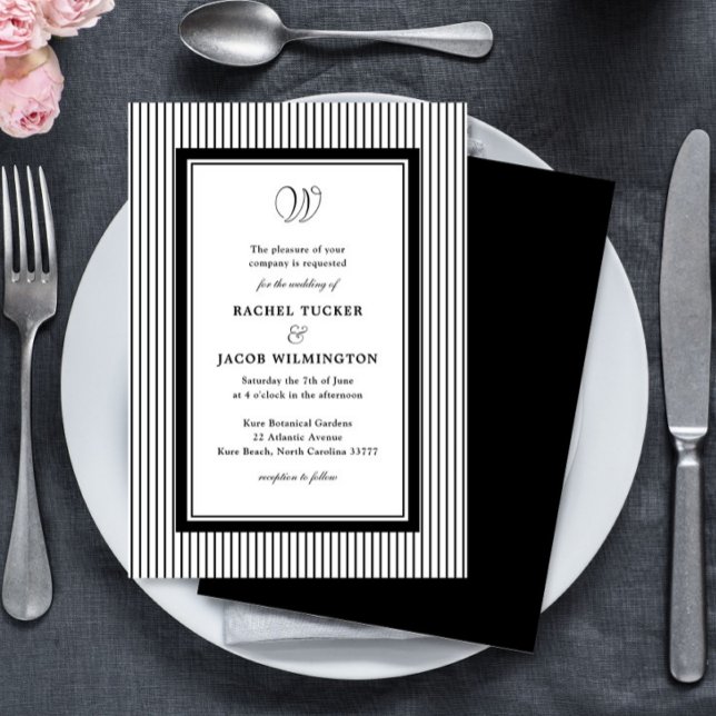 Elegant Monogram Black & White Striped Wedding Invitation (Creator Uploaded)