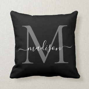 Elegant Monogram Black White Stylish Girly Script Cushion