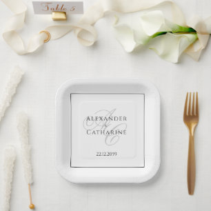 Elegant Monogram Black White Wedding Paper Plate
