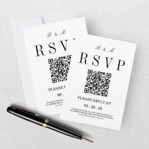 Elegant Monogram Black White Wedding QR Code RSVP Card