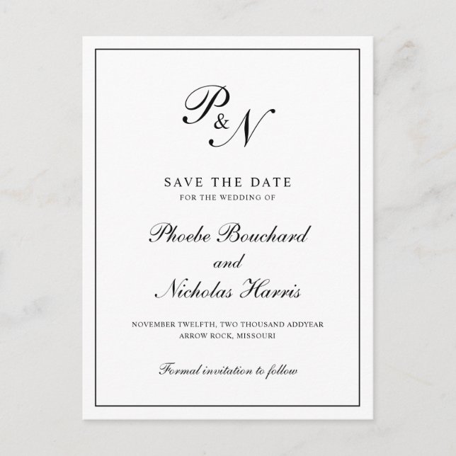 Elegant Monogram Black White Wedding Save the Date Announcement Postcard (Front)