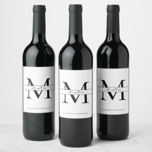 Elegant Monogram Black White Wedding Script Wine Label