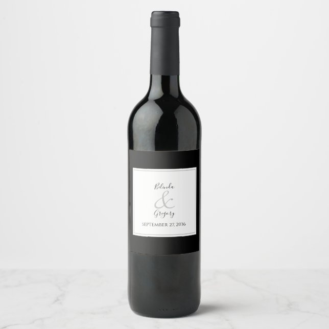 Elegant Monogram Black & White Wedding  Wine Label (Front)