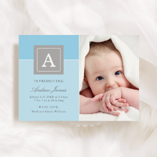 Elegant Monogram Block Baby Boy Sky Blue Birth Announcement