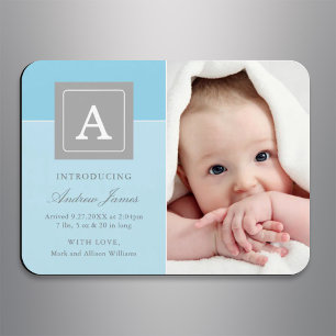 Elegant Monogram Block Baby Boy Sky Blue Birth Magnet