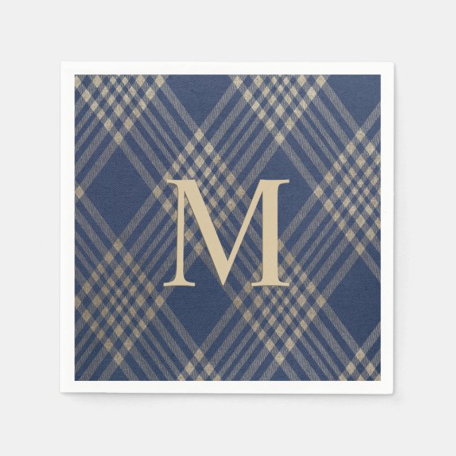 Elegant Monogram Blue and Tan Plaid Napkin (Front)