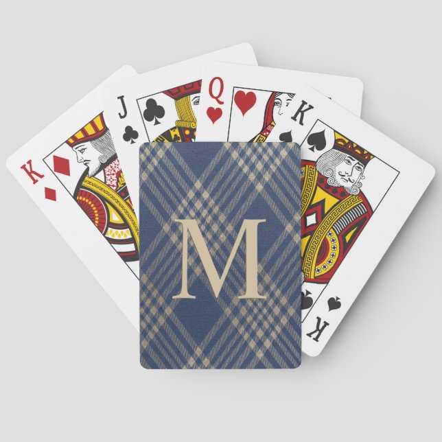 Elegant Monogram Blue and Tan Plaid Playing Cards (Back)