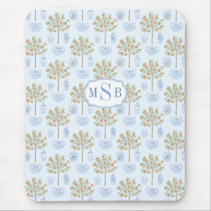 Elegant Monogram Blue And White China Orange Tree Mouse Pad