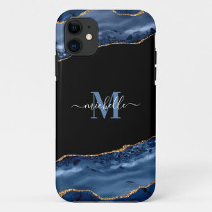 Elegant Monogram Blue, Black & Gold Agate Geode Case-Mate iPhone Case
