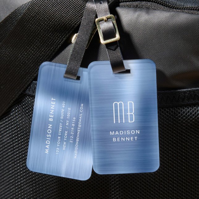 Elegant Monogram Blue Brushed Metallic Luggage Tag (Elegant Monogram Blue Brushed Metallic Luggage Tag)