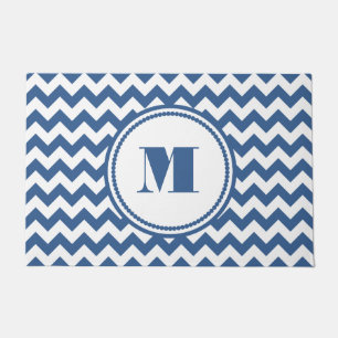 Elegant Monogram Blue Chevron Doormat