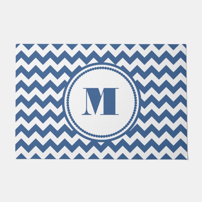 Elegant Monogram Blue Chevron Doormat (Front)