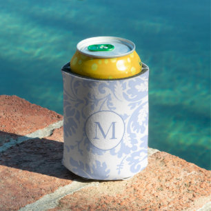 Elegant Monogram Blue Floral Botanical Can Cooler